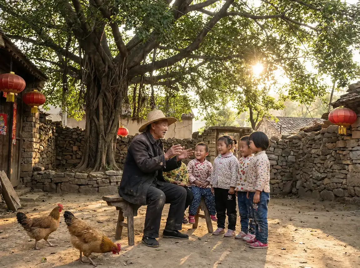 老人在大榕树下给孩子们讲故事 - 疼小东西这才一根而已 乡村记忆